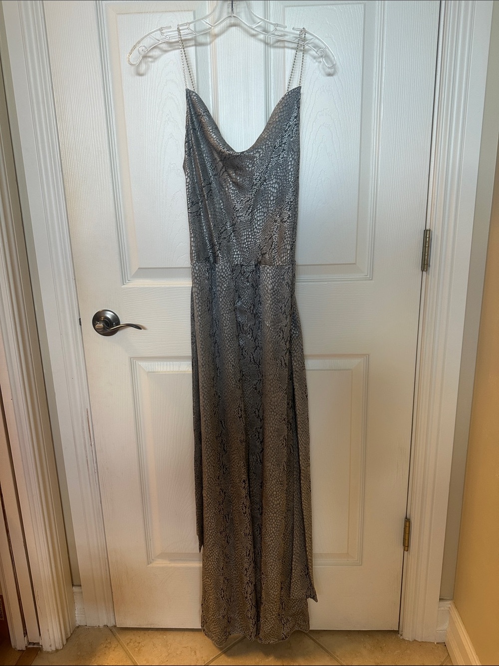Silver Gray Snake-Print Cowl Neck Maxi lounge wear. Lightweight rhinestone strap